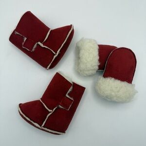 Newborn Girl's Infant Scandinavian Red Lamb Wool Leather Fuzzy Boots & Gloves NB